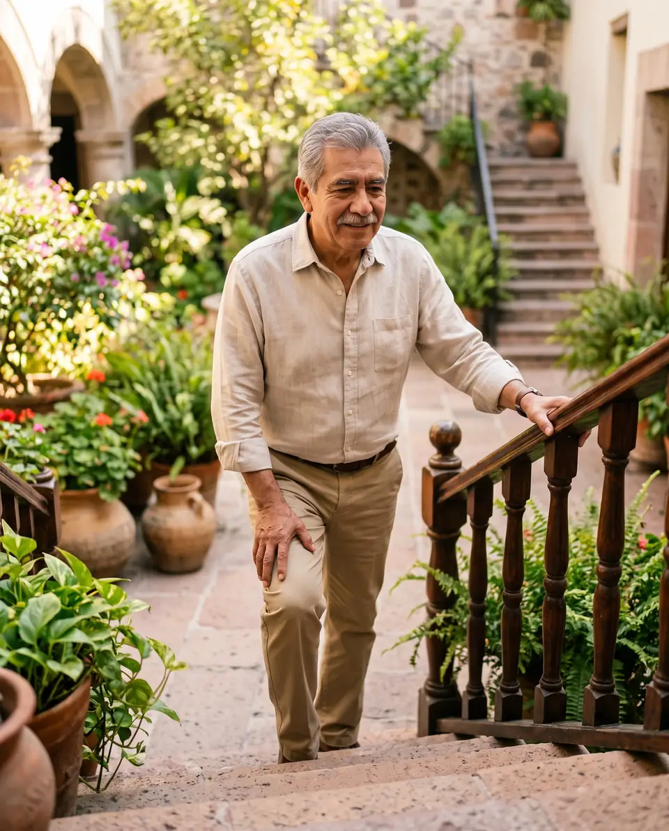 Older man climbing a stone staircase with his hand on the railing